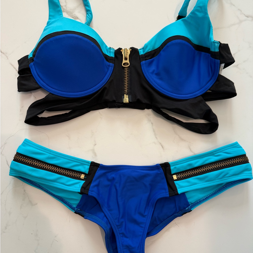 Beach Bunny Blue And Teal Zip-Front Colorblock Bikini